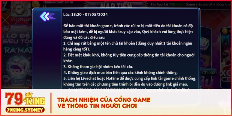 Chính sách bảo mật 79KING 3 Trách nhiệm của cổng game về thông tin người chơi